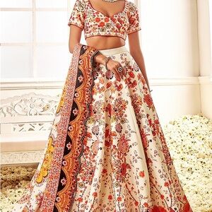 Vibrant Floral Cream and Red Lehenga